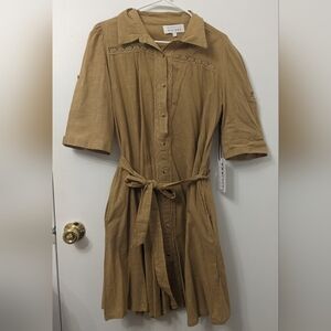 Margaux Riviera Tan Button-Down Dress with Adjustable Sleeves and Lace Trim